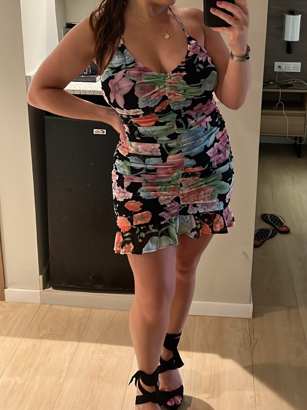 Lulu's Black Floral Ruched Mini Dress with Ruffle Hem